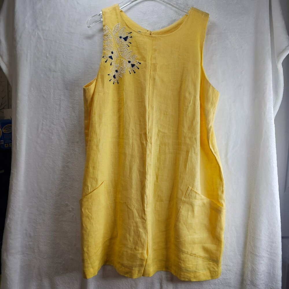 Salma Butter Yellow Shorts Romper 100% Linen Embroidery Flowers Sleeveless XL